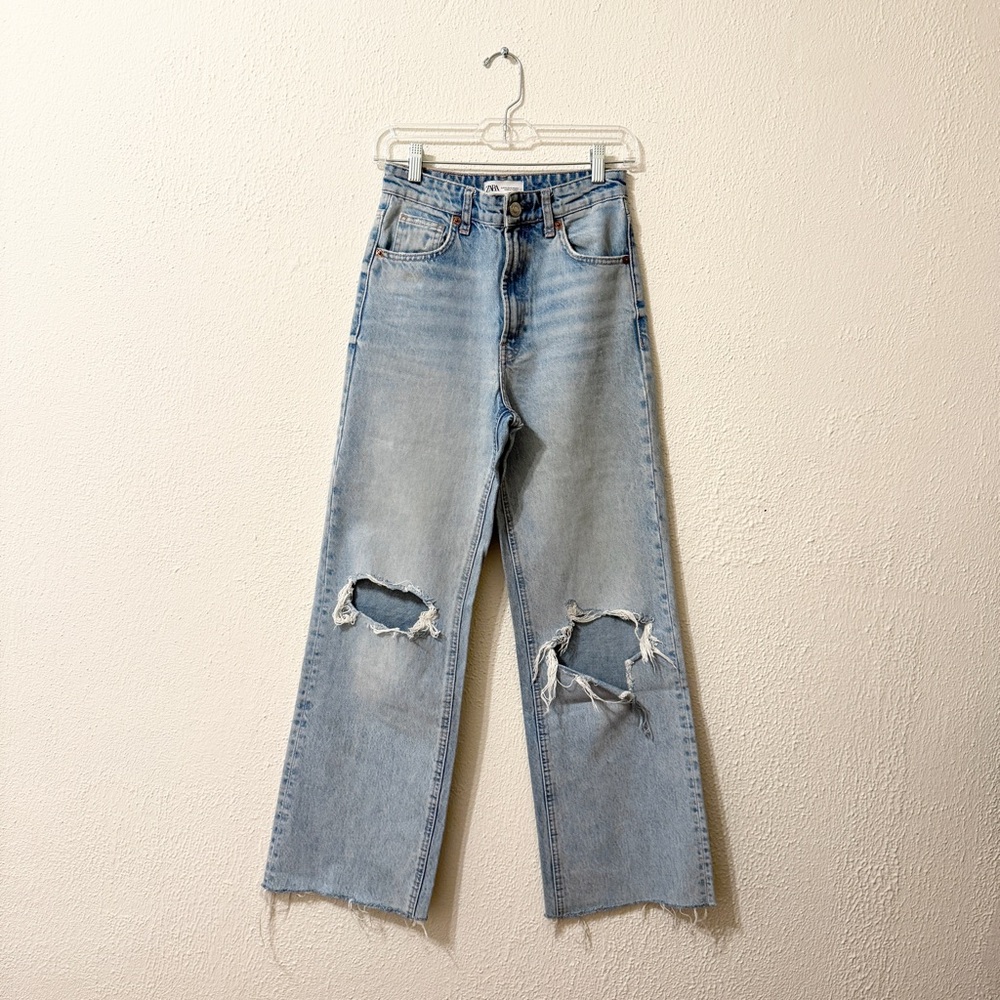 Zara Wide Leg Distressed Light Blue Women's Jeans